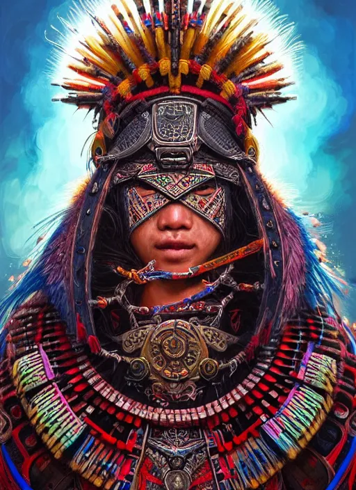 Image similar to portrait of yang yang, hyper detailed ultra sharp aztec shaman warrior. trending on artstation, warpaint aesthetic, bloodwave, colorful, psychedelic, ornate, intricate, digital painting, concept art, smooth, sharp focus, illustration, art by artgerm and greg rutkowski and h. r. giger, 8 k