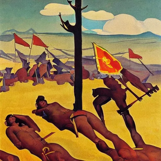 Prompt: a naturalist vintage painting of shining metal spanish conquistador soldiers lying on the ground by nicholas roerich by gustave moreau, by eyvind earle by bruce pennington by georgia o keeffe, blood, skin reflective metallic