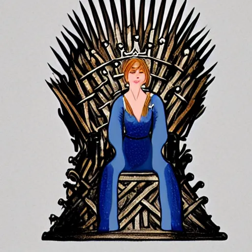 Image similar to a gorgeous princess sitting on the Iron Throne in a song of Ice and fire, realistic illustration