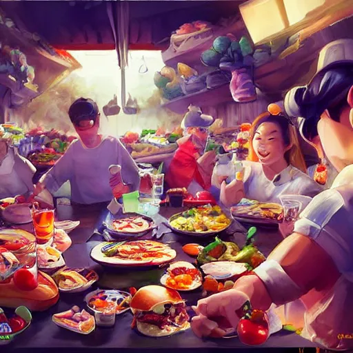 Image similar to artwork of a food feast, by rossdraws, matte painting, trending on artstation, gopro pov