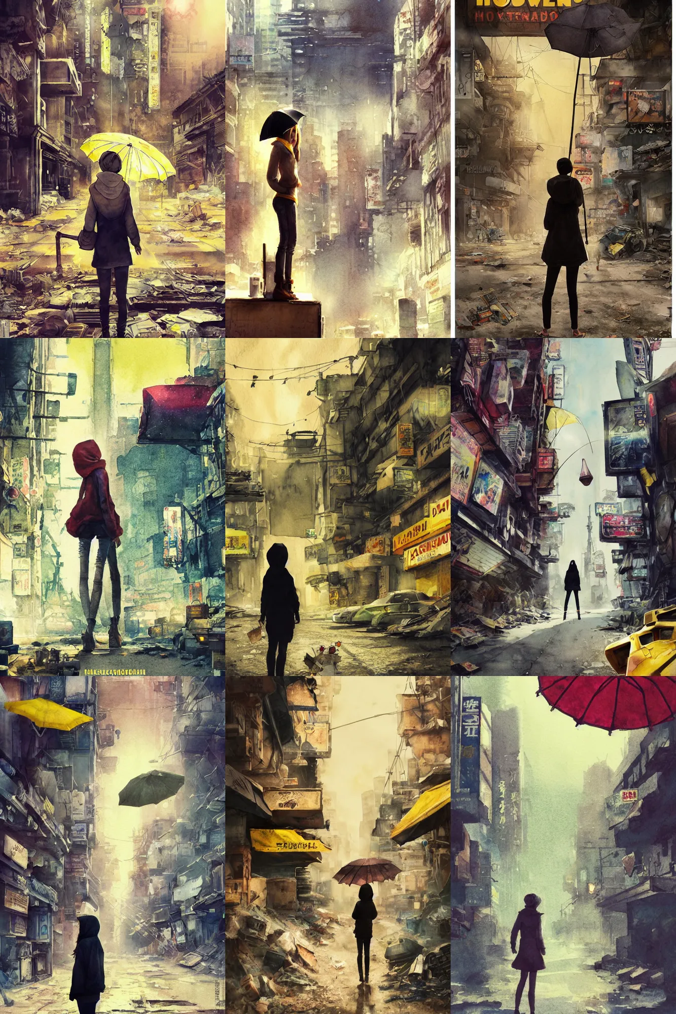 Prompt: incredible movie poster, simple watercolor, soft bloom lighting, abandoned city, paper texture, movie scene, distant shot of hoody girl side view sitting under a yellow parasol in deserted dusty shinjuku junk town, old pawn shop, bright ground, hawken, phantom crash, robot monster