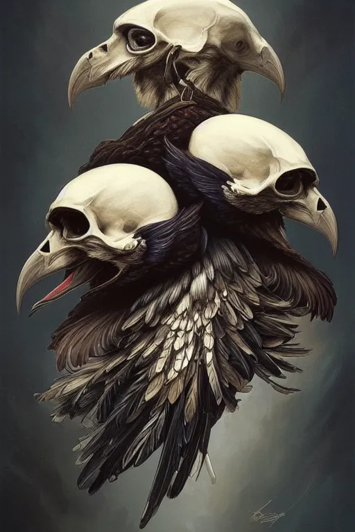 Image similar to painting of a two headed crow on a skull, decorated, intricate, elegant, highly detailed, digital painting, artstation, concept art, smooth, sharp focus, illustration, art by artgerm and greg rutkowski and alphonse mucha, 8 k