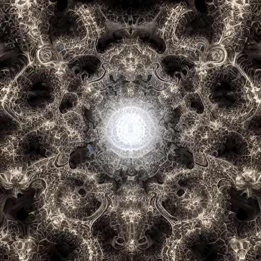 Image similar to a beautiful 3 d render of a sprawling intricate fractal cathedral populated by mandelbrot fractals by android jones, carved stone, carved soap, white color scheme, volumetric lighting, dynamic lighting, dramatic lighting, high contrast, glowing, carved marble, opalescent, sacred geometry, religious, angelic, catholicpunk, stark, trending on artstation