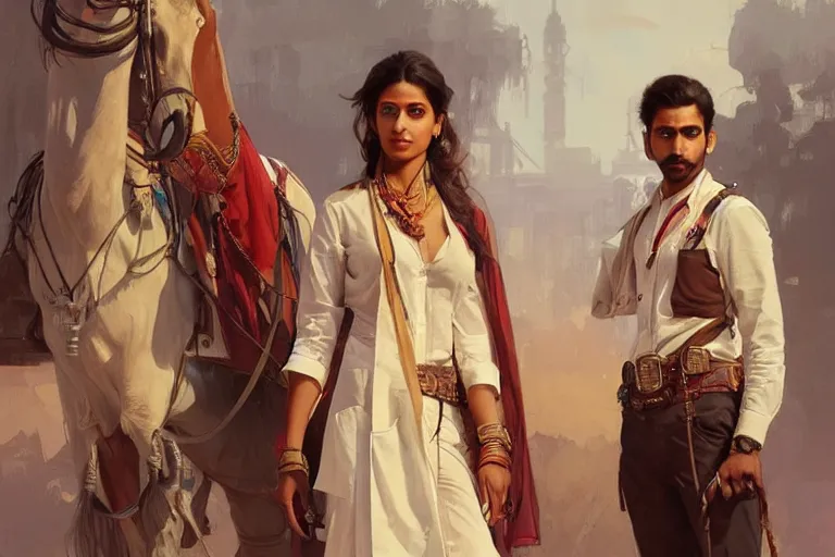 Image similar to Anxious good looking pale young Indian doctors wearing Western clothes at the airport, portrait, elegant, intricate, digital painting, artstation, concept art, smooth, sharp focus, illustration, art by artgerm and greg rutkowski and alphonse mucha