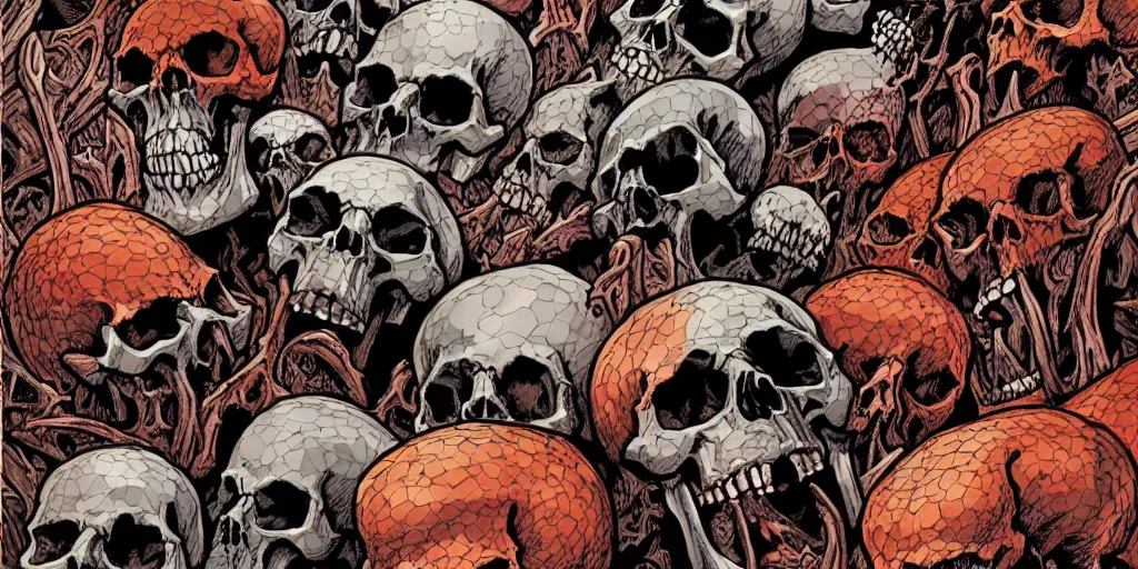 Image similar to a !!!!hellish landscape of skulls of different sizes, bones and flesh. Marvel comic style.