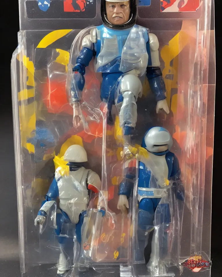 Image similar to photo of a kenner 1 9 8 0's action figure, heroically proportioned, young face, space helmet, five points of articulation, sci - fi, 8 k, full body