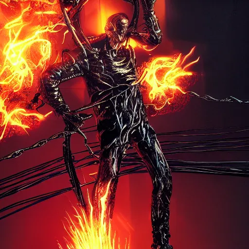 Image similar to cyberpunk ghost rider swinging a barbed wire whip, extremely detailed concept art, octane render, volumetric lighting, terrifying masterpiece, maximalist, neo-expressionist, full body portrait, black background, lots of flames, horror, by Frank Miller, by Bernie Wrightson, by Giger, by Julie Taymor