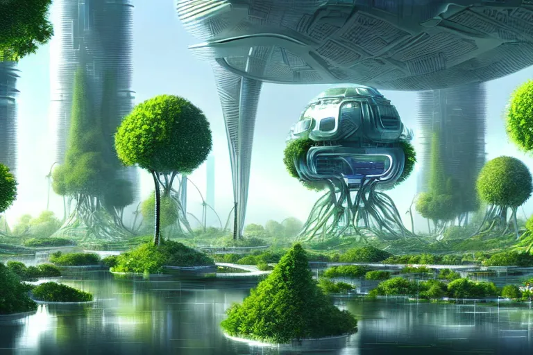 Prompt: a futuristic city surrounded by trees and plants, a digital rendering by buckminster fuller, cgsociety, retrofuturism, futuristic, sci - fi, concept art