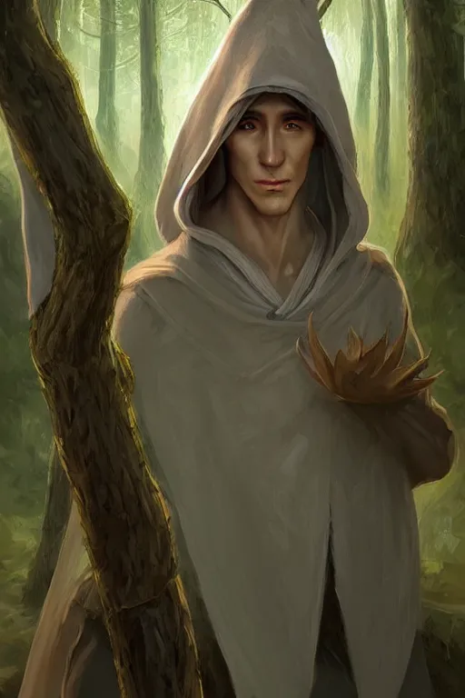 Image similar to beautiful, digital art, portrait painting of a male elf wizard, wearing linen hooded cloth. forest background. artstation, by bartek fedyczak, erak note, tooth wu, neil richards, kan liu, siwoo kim, jisu choe