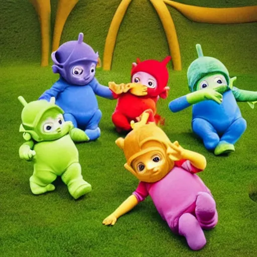 Image similar to teletubbies burying a man alive