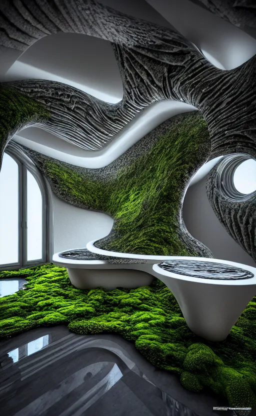 Image similar to highly detailed ultra sharp 3 d render villa interior cinematic composition of a smooth ceramic porcelain biomorphic magnolia stone nebula fluid fractal sci - fi surreal architecture landscape, granite, metallic, magnesium, marble, moss and lichen, vincent callebaut composition, mamou - mani, archviz, beautiful lighting, 8 k, unreal engine, hdr,