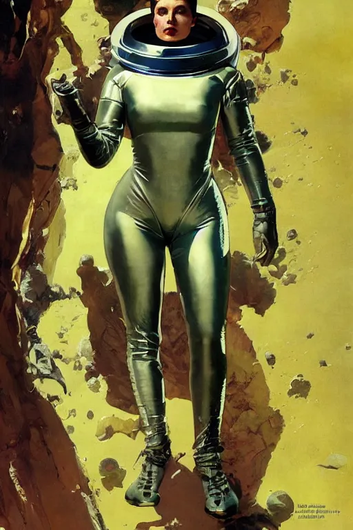 Image similar to pulp scifi fantasy illustration full body portrait of elegant woman wearing latex spacesuit on alien planet, by norman rockwell, jack kirby, bergey, craig mullins, ruan jia, jeremy mann, tom lovell