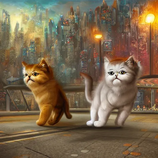 Image similar to two dancing persian cats in a robot city, highly detailed, digital painting, sharp focus, fantasy art