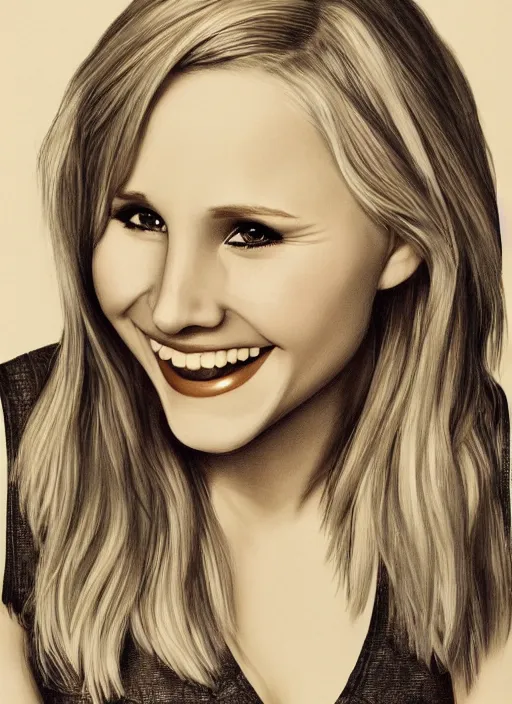 Image similar to portrait of kristen bell winking at the camera and biting her lips, intricate, elegant, highly detailed, photorealistic, trending on artstation, digital art