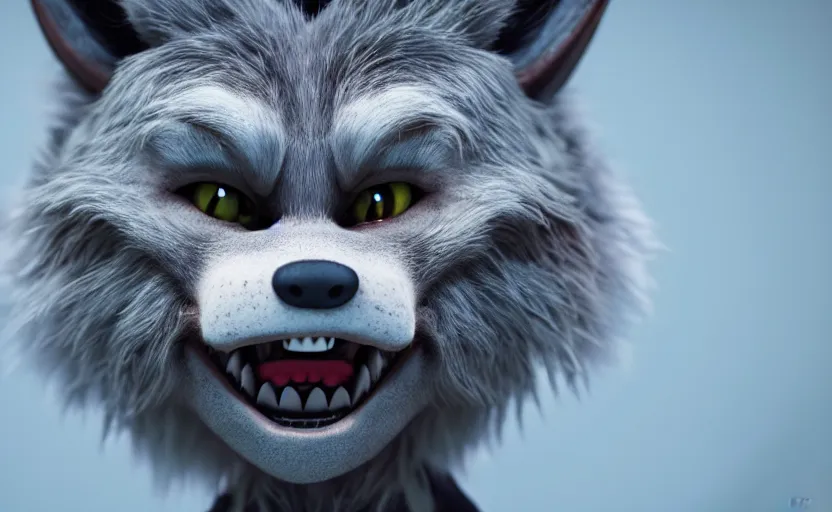 Prompt: cute lil werewolf character, close - up portrait, unkempt fur and cutesy fangs 3 d pixar style, trending on arstation octane rendered in 8 k unreal engine 5, cinematic and dramatic, gloomy, mystic and magical, fantastic and whimsical