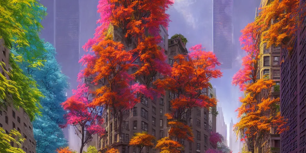 Prompt: a hyper - detailed 3 d render of a solarpunk bright vivid new york city with colorful trees and plants, concept art, lifelike, photorealistic, digital painting, aesthetic, artstation hd, by greg rutkowski, klimt and nixeu and ian sprigger and wlop and krenz cushart,