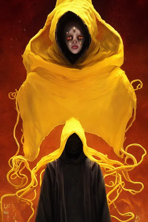 Image similar to A full body portrait of a mysterious character with no face with a very long hooded yellow cloak, a golden crown floating above his head tentacles coming out the ground art by Maciej Kuciara and Jason Chan, ominous, cosmic horror, trending on artstation, Ultra detailed, hyper realistic 4k