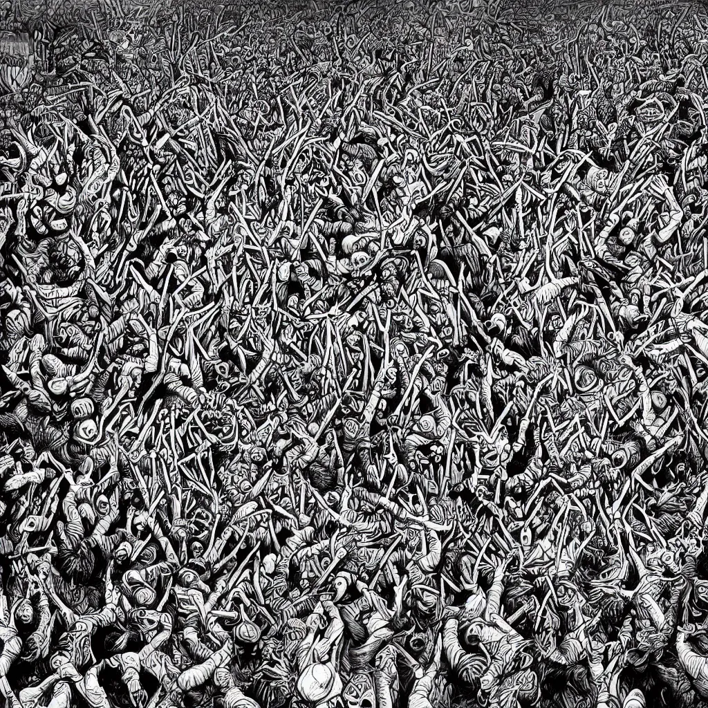 Prompt: moshpit from above with a lot of clowns, pencil drawing, very detailed
