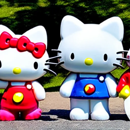 Image similar to sculpture of hello kitty and sanrio characters playing outside at a playground on a sunny day