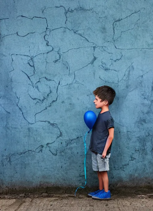 Prompt: a side profile of a boy holding a single blue balloon on a concrete background in the style of Banksy, graffiti, digital art