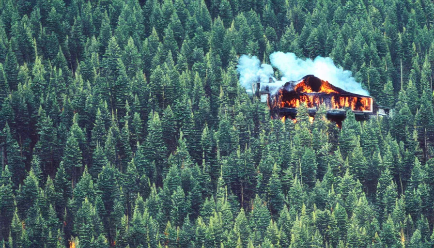 Image similar to 1 9 7 0 s movie still of a heavy burning house on a mountain with pine forest, cinestill 8 0 0 t 3 5 mm, high quality, heavy grain, high detail, texture, dramatic light, ultra wide lens, panoramic anamorphic, hyperrealistic