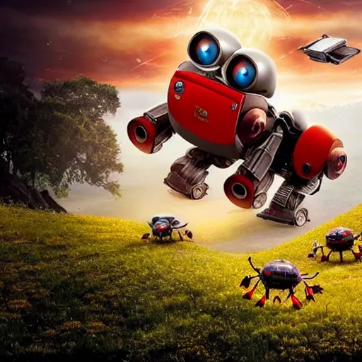 Image similar to promotional movie still, ladybugs, ladybug quadruped with big rgb eyes, ladybug hobbits, ladybug robots, space western, the fellowship of the ring ( film ), wall - e ( film )