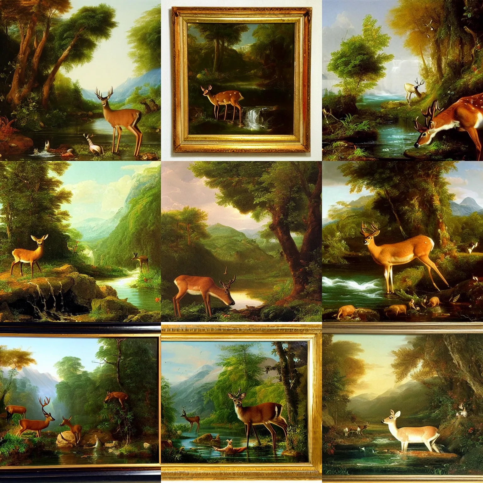 Image similar to a deer comes to drink from the stream. the deer is a metaphor for innocence. it is pure and untouched by the harshness of the world. it is gentle and fragile. an oil painting by thomas cole