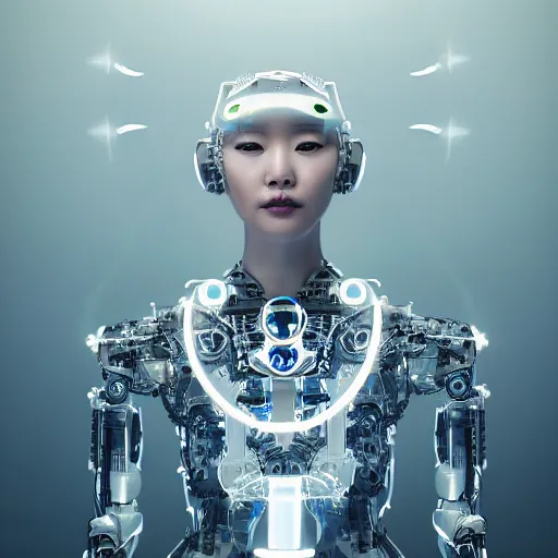 Image similar to beautiful centered fine art photo portrait of hoyeon jung as a solarpunk robotic humanoid withwhite mechanical parts with led lights, bathing in a calm lake, ultra - detailed and intricate, white background, sun lighting, soft focus, slow exposure hdr 8 k