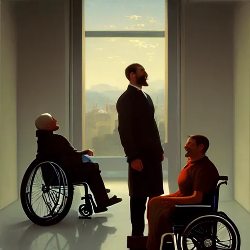 Image similar to a male patient in a wheelchair in the hospital with his wife and son standing by. happy, cheerful, smiling, intricate, face enhance, sharp focus, cinematic lighting, featured in artistation, 8 k, art by greg rutkowski, william adolphe bouguereau