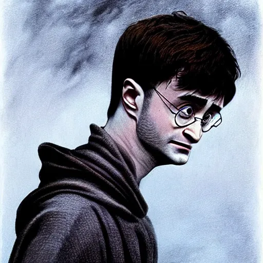 Prompt: Daniel Radcliffe as Harry Potter in style of Beksinski, eldritch priest, mage