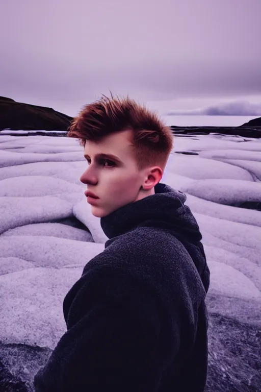 Image similar to high quality pastel coloured film mid angle selfie photograph of a beautiful young 2 0 year old male, soft features, standing in an icelandic black rock environment. atmospheric. three point light. photographic. art directed. ( pastel colours ). volumetric light. stark. waves glitch. 8 k. filmic.