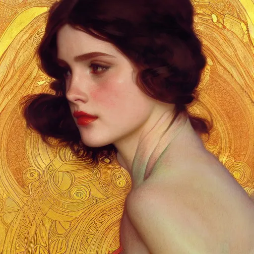 Image similar to modern woman | hyperrealistic | action pose | digital painting | trending on artstation | pinup portrait | clean | illustration | dressed | Unreal Engine 5 | 8k resolution | by Greg Rutkowski Alphonse Mucha Gustav Klimt, J.W. Waterhouse and Mel Ramos