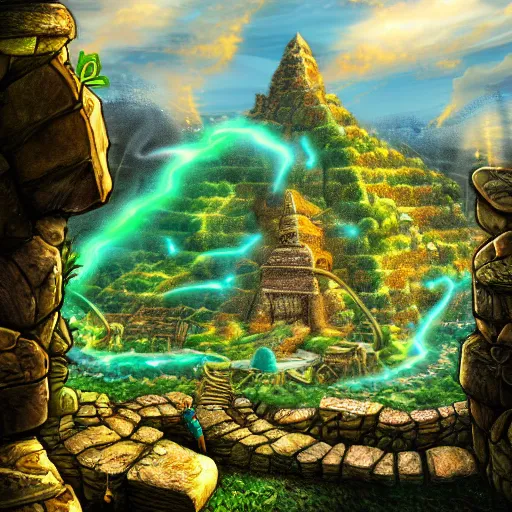 Prompt: a leprechaun discovering a lost city made of gold, digital art, trending on artstation, hdr, super detailed