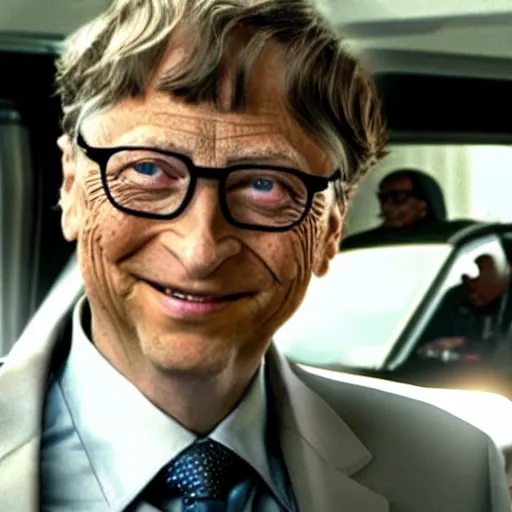 Image similar to bill gates as the joker from batman in an action scene in fast & furious, action shot from the movie fast & furious, bill gates as the joker villain drifting