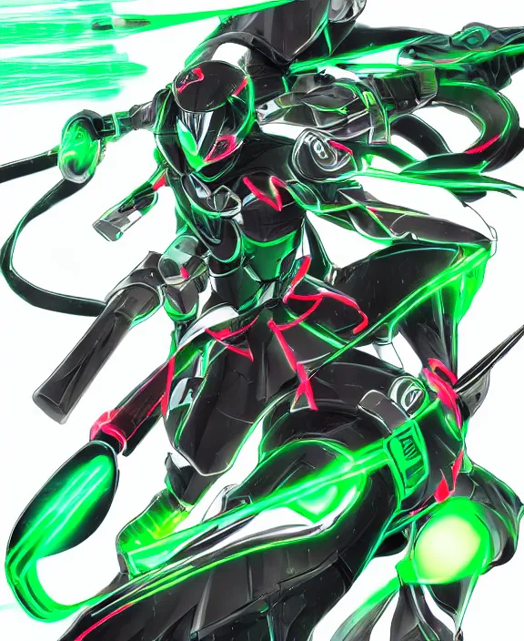 Image similar to an anime drawing of a futuristic warrior with jade green bladed armour and a futuristic helmet with a neon jade visor and red tracking lasers by Yusuke Murata, 4k resolution, photorealistic