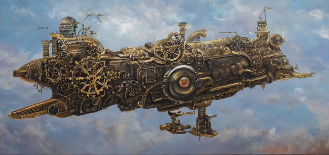 Image similar to oil painting of a steampunk spaceship