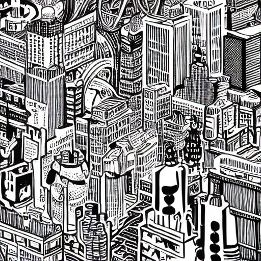 Prompt: mcbess illustration of detailed a cityscape, monocolor, linocut, retrofuturistic, metropolitan, realistic