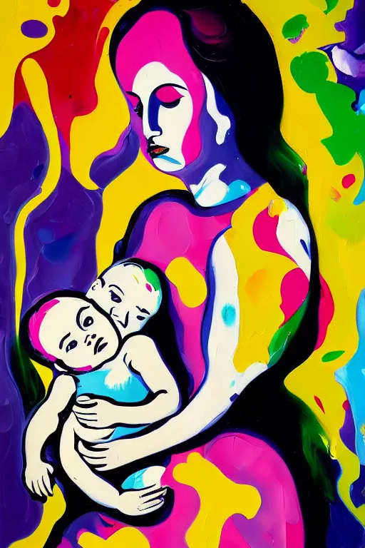 Image similar to a painting of a woman holding a baby, an ultrafine detailed painting by peter max and hernan bas and anna mond, featured on deviantart, metaphysical painting, biomorphic, fauvism, mixed media, photorealistic, dripping paint, palette knife texture, masterpiece