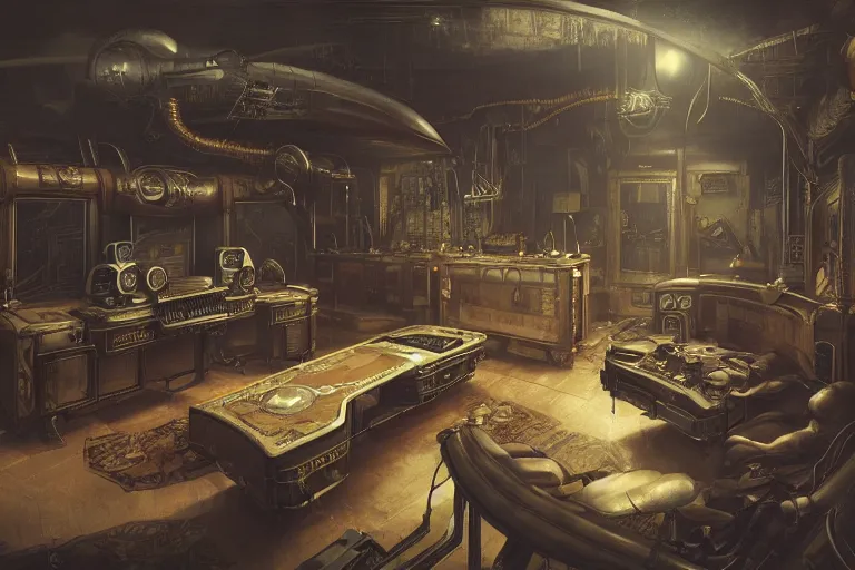 Prompt: interior of a steampunk videoclub, 3d scene, render, ultra realistic, zenith view, Greg Rutkowski, artstation, cgsociety, level design, unreal engine alien whale flying over a steampunk city, 3d scene, render, ultra realistic, zenith view, Enki Bilal style