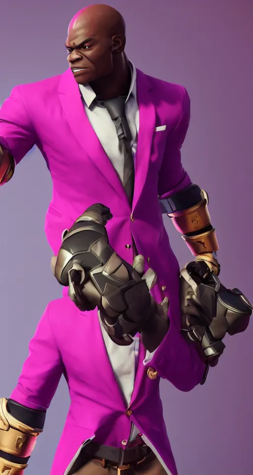 Image similar to doomfist, pink blazer, overwatch game, digital art, high detailed, artstation, 3 d render