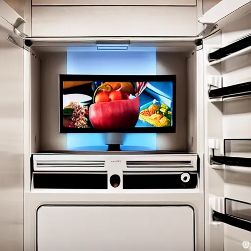 Prompt: television screen showing the inside of a refrigerator