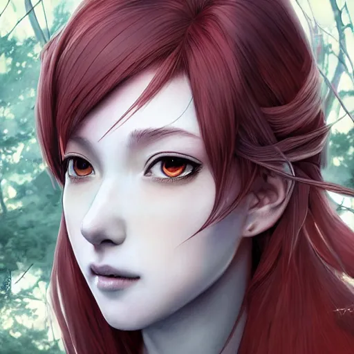 Image similar to a red haired female knight as an absurdly beautiful, elegant, young sensual anime girl, forest background, ultrafine hyperrealistic detailed face illustration by kim jung gi, irakli nadar, intricate linework, sharp focus, bright colors, matte, octopath traveler, final fantasy, unreal engine highly rendered, global illumination, radiant light, intricate environment