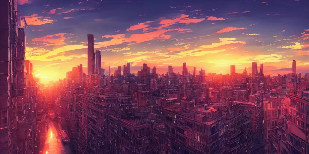 Prompt: a beautiful anime style sunset in the city with peoples ultra realistic, highly detailed, sharp focus, cinematic lighting, mood lighting, realistic, vivid colors, painting, photorealistic, digital art, non blurry, sharp, smooth, illustration, 4 k, artstation,