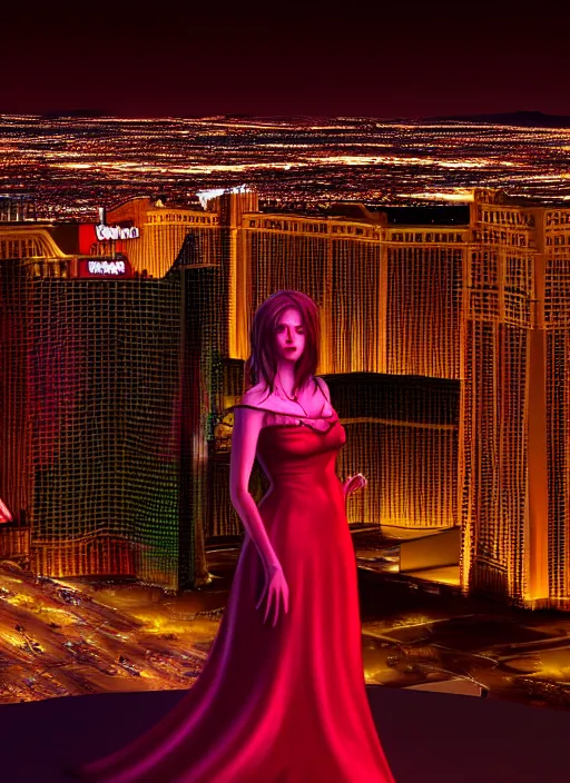 Image similar to full length portrait, duchess of blood, night shot of las vegas in background, highly detailed, CGsociety, subtle, concept art, HDR, hyper realistic, volumetric lighting, subsurface scattering, unreal