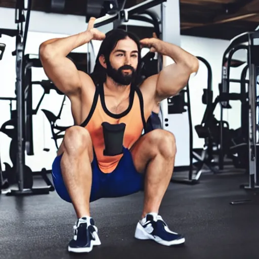 Image similar to jesus working out at the gym