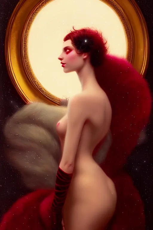 Image similar to Nocturne, glowing, stars, a portrait of a beautiful female shadow djinn creature with long fur collar, highly detailed, mysterious, ethereal, dressed in red velvet, haute couture, illustration, dramatic lighting, soft details, painting, by Edmund Blair Leighton, Brom, Charlie Bowater, trending on artstation, faces by Tom Bagshaw, otto schmidt