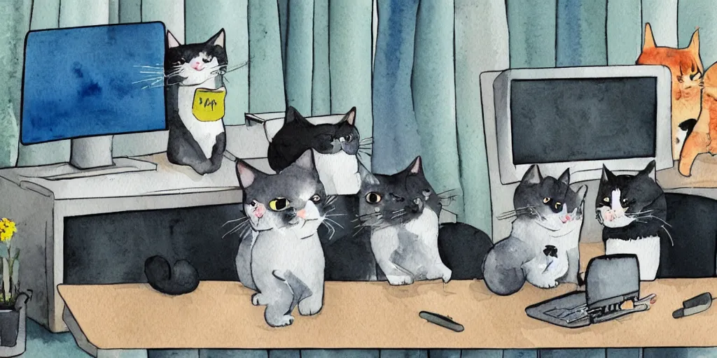 Image similar to watercolor illustration style, cute cats watch the news in computer monitor