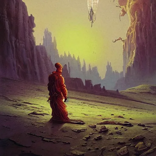 Image similar to A fresco painting of a nomadic wanderer traversing a corrupted futuristic crystal desert by Jacek Yurka, Kelly Freas, Filip Hodas, Paul Lehr, Dan Mumford, Max Ernst, Roger Dean, Caspar David Friedrich, Barclay Shaw, Jeffrey Smith, Dan McPharlin