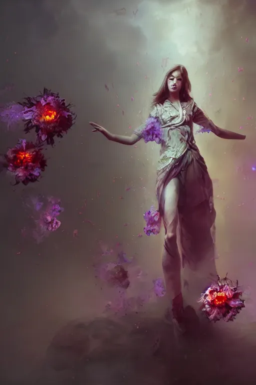 Image similar to beautiful girl necromancer exploding into flowers, 3 d render, hyper - realistic detailed portrait, holding electricity, ruan jia, wlop. scifi, fantasy, hyper detailed, octane render, concept art,