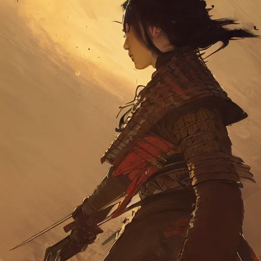 Prompt: A samurai on the battlefield, D&D, fantasy, intricate, cinematic lighting, highly detailed, digital painting, artstation, concept art, smooth, sharp focus, illustration, art by Akihiko Yoshida, Greg Rutkowski and Alphonse Mucha